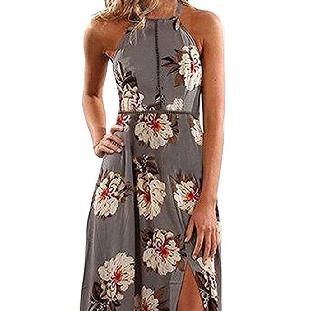 Zesica Women's Halter Neck Floral Print Backless Split Maxi Dress